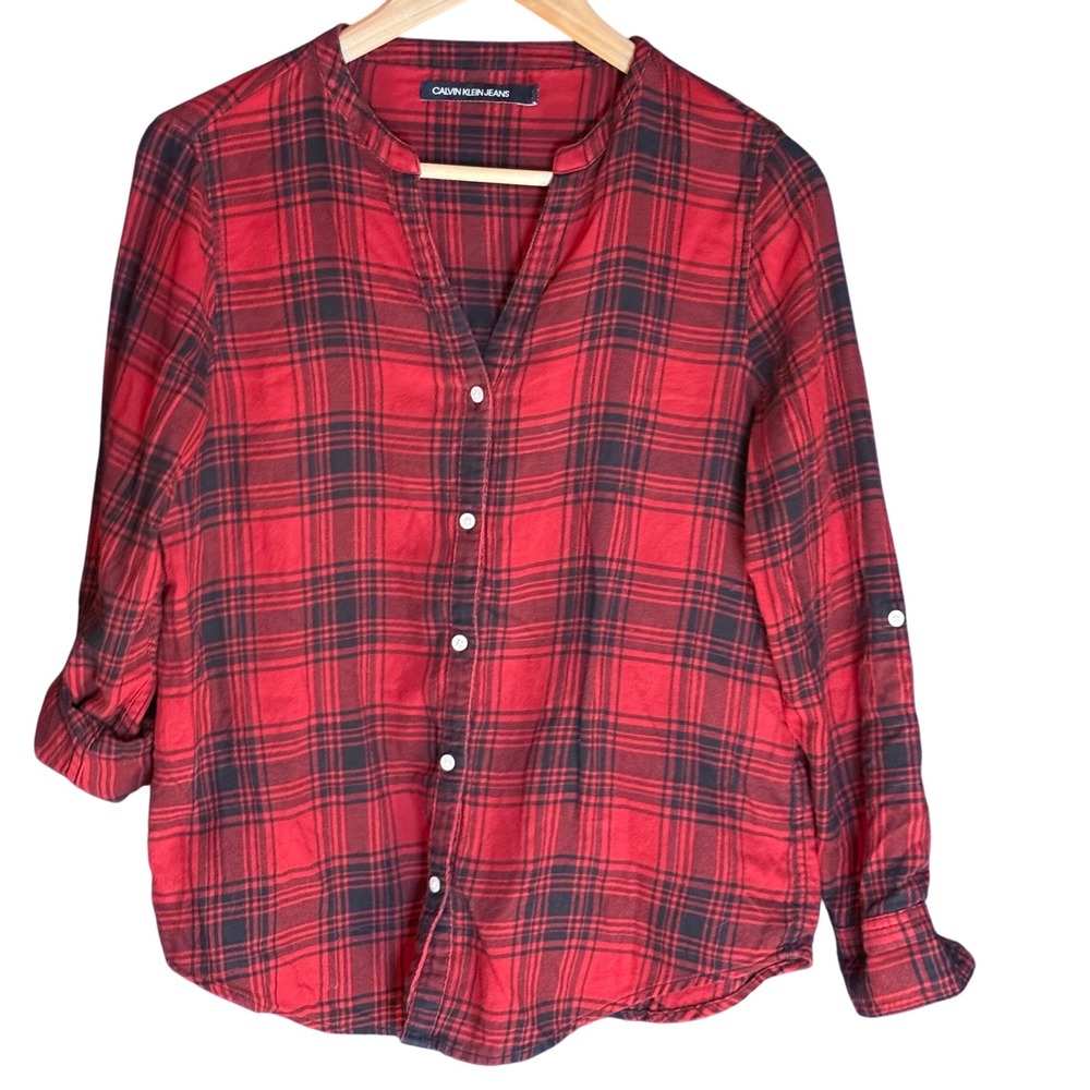 Calvin Klein Jeans Womens Red Black Plaid Roll Tab Sleeve Button Up Shirt Small